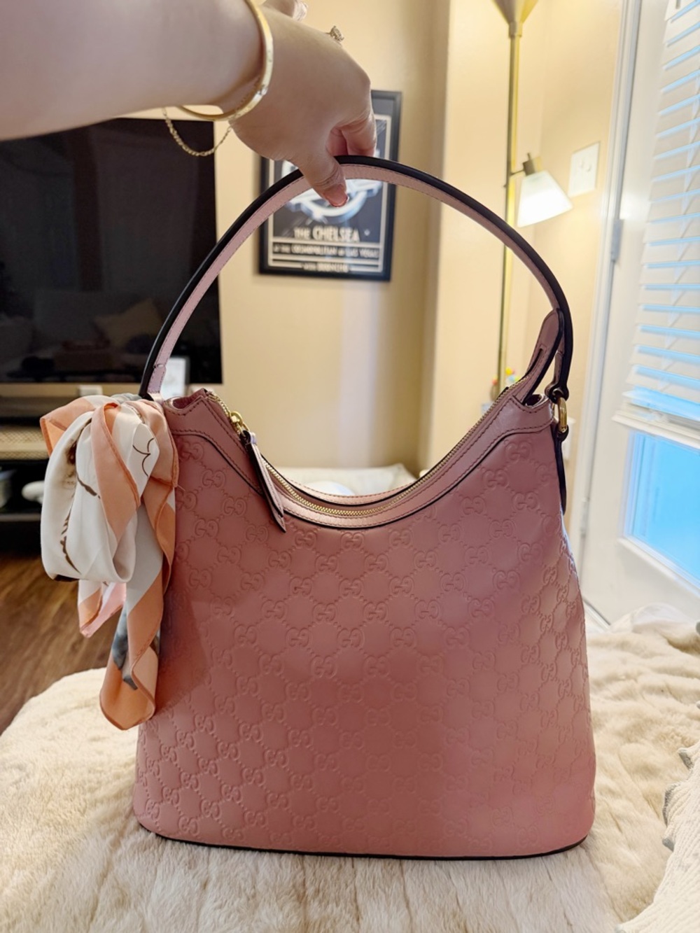 Gucci Pink Embossed Leather Shoulder Bag with Scarf Accent